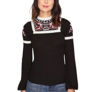Free People Embroidered Black Long Sleeve Top Bohemian Blouse